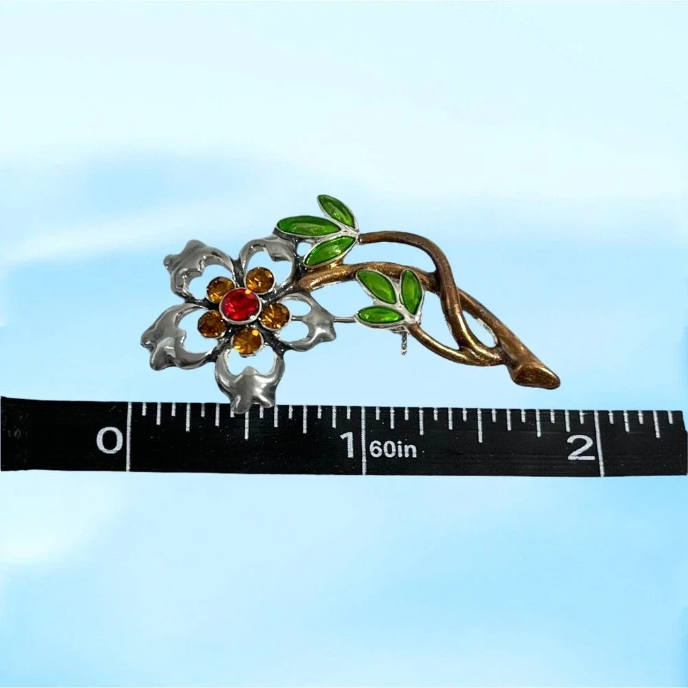Enamel Rhinestone Flower Stem Pin Brooch Retro Floral Botanical Nature Jewelry